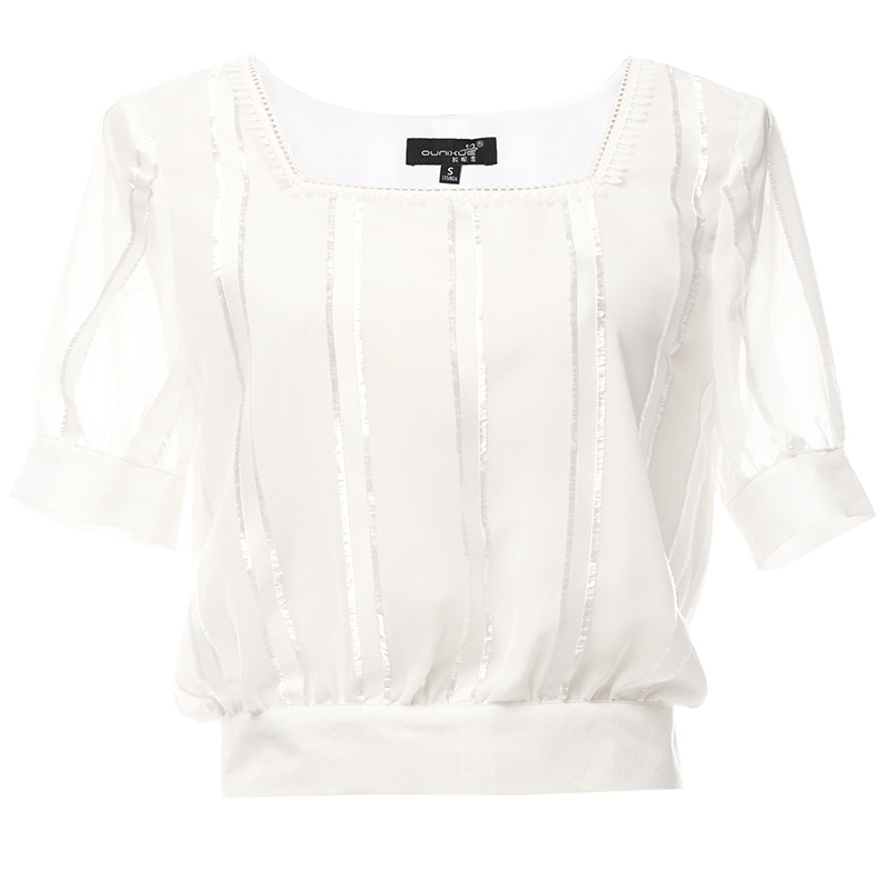 欧昵雪夏季后背蝴蝶结系带收腰短款方领雪纺衫上衣女短袖