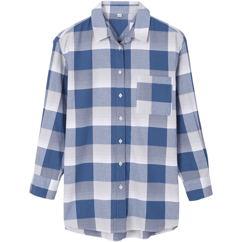 恒源祥时尚蓝白格子衬衫女春季韩版宽松polo领衬衣单排扣外套大版
