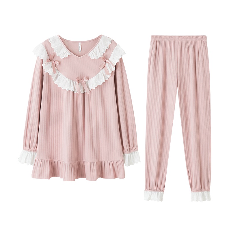 乌拉拉公主棉质双面针织抽条素色插花边长袖女套装W83K7218