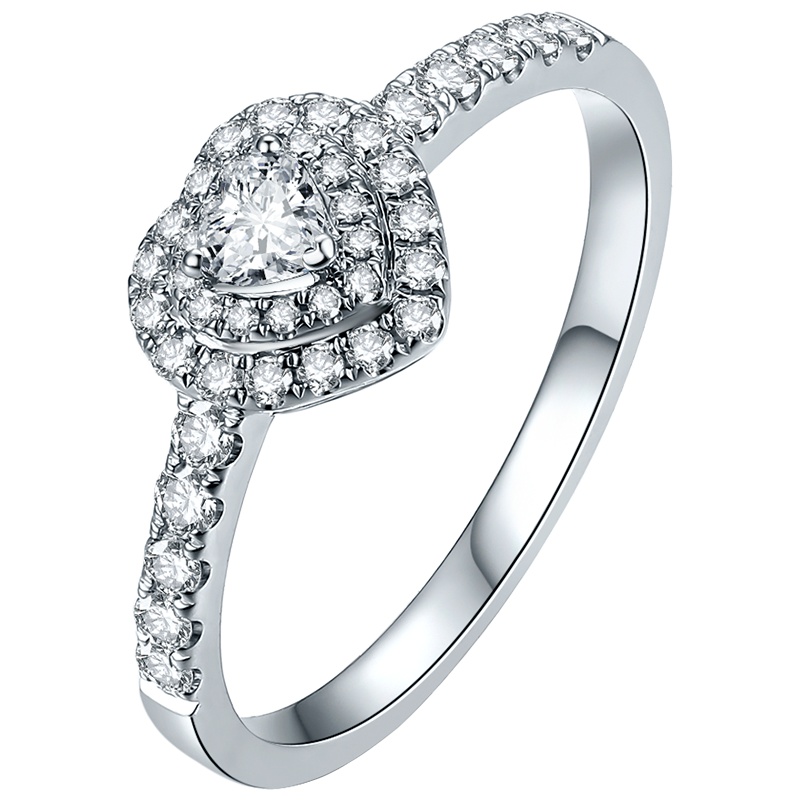 周六福白18K金心形群镶钻石戒指女戒1308