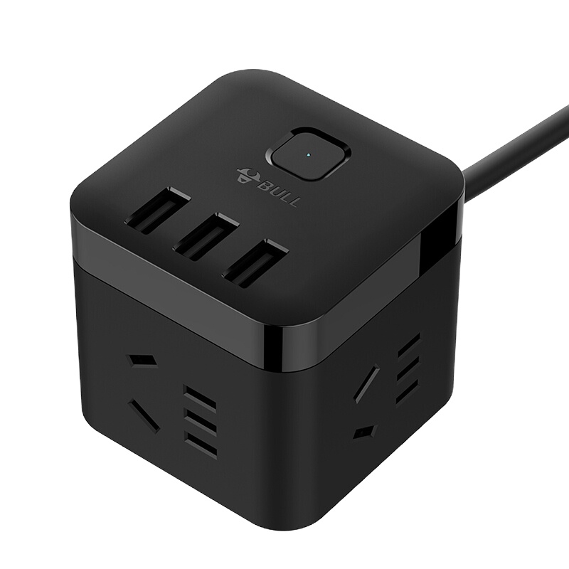 BULL公牛GN-U303H三位+3USB黑色魔方智能插座新国标总控开关全长1.5米线芯加粗带保护门接线板插排拖线板