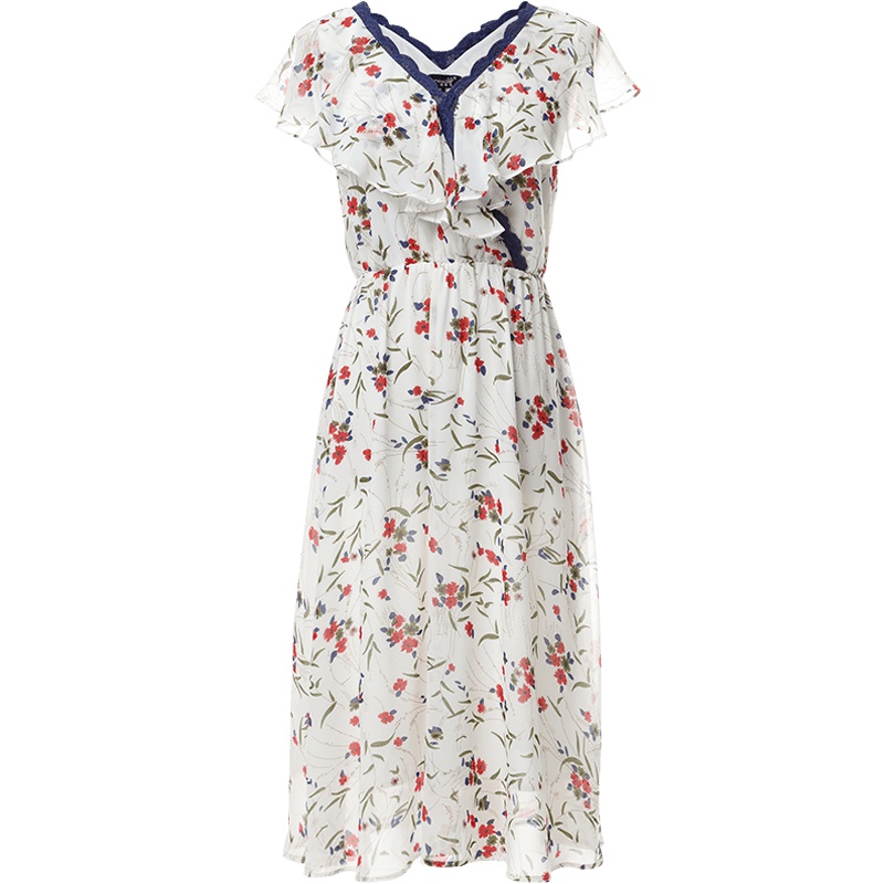 欧昵雪 蕾丝花边V领荷叶边短袖高腰过膝中长款碎花雪纺连衣裙女夏X