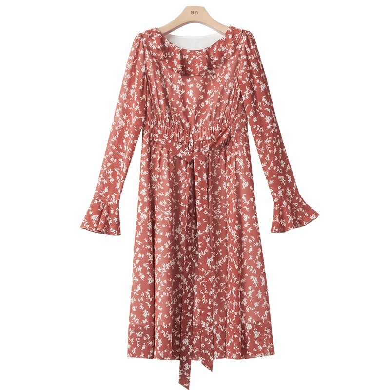 晩白 2020春季新品时尚碎花圆领长袖松紧高腰显瘦A字雪纺连衣裙女