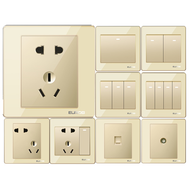 欧奔(EUROB)86型墙壁电源镜面金空调一开带二三插5五孔家用开关插座面板