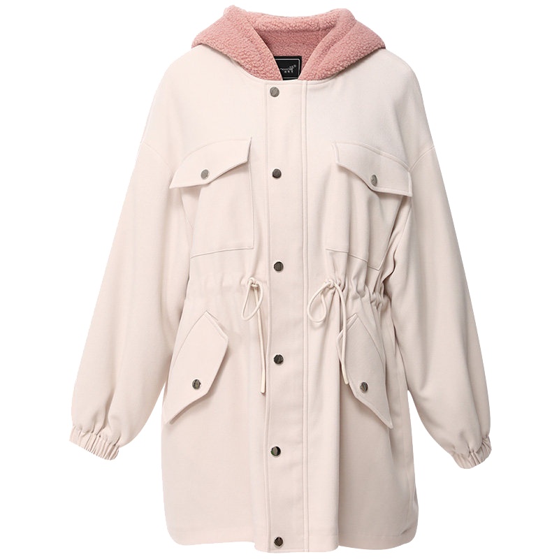 欧昵雪秋冬季连帽宽松中长款抽绳收腰加厚外套女大衣