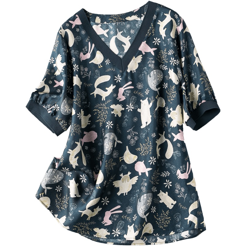 恒源祥真丝短袖T恤女春夏国风印花桑蚕丝上衣年轻妈妈装半袖