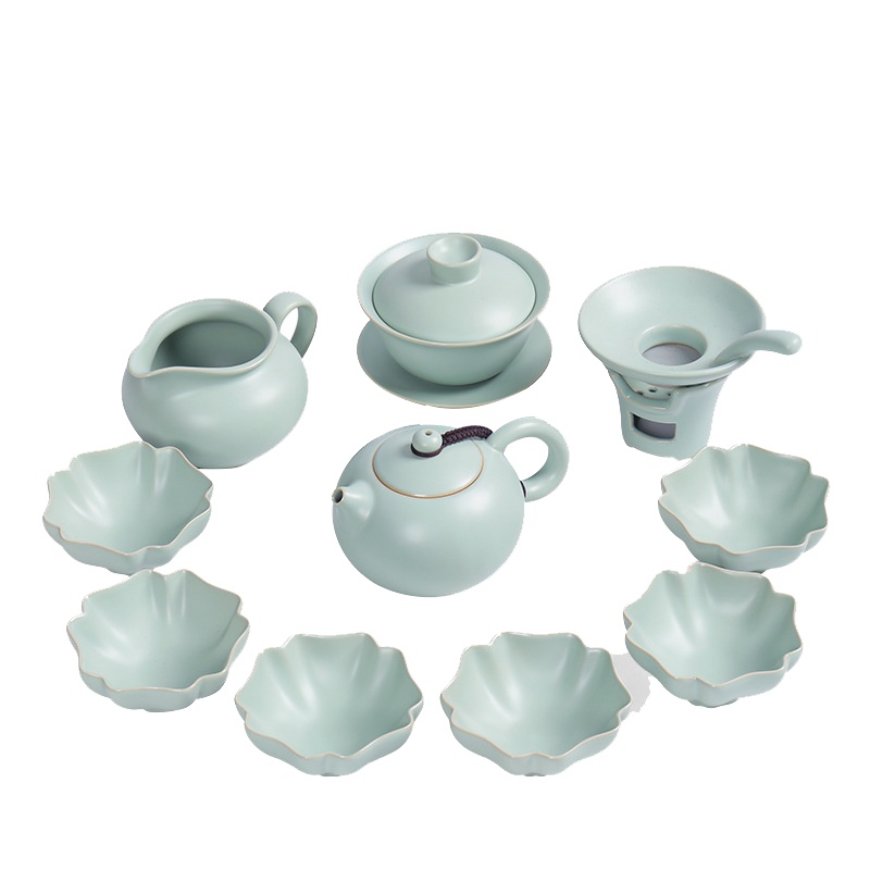 瓷物语汝窑功夫茶具汝瓷开片中式茶壶茶杯整套套装家用简约(富贵壶11头茶具套装)