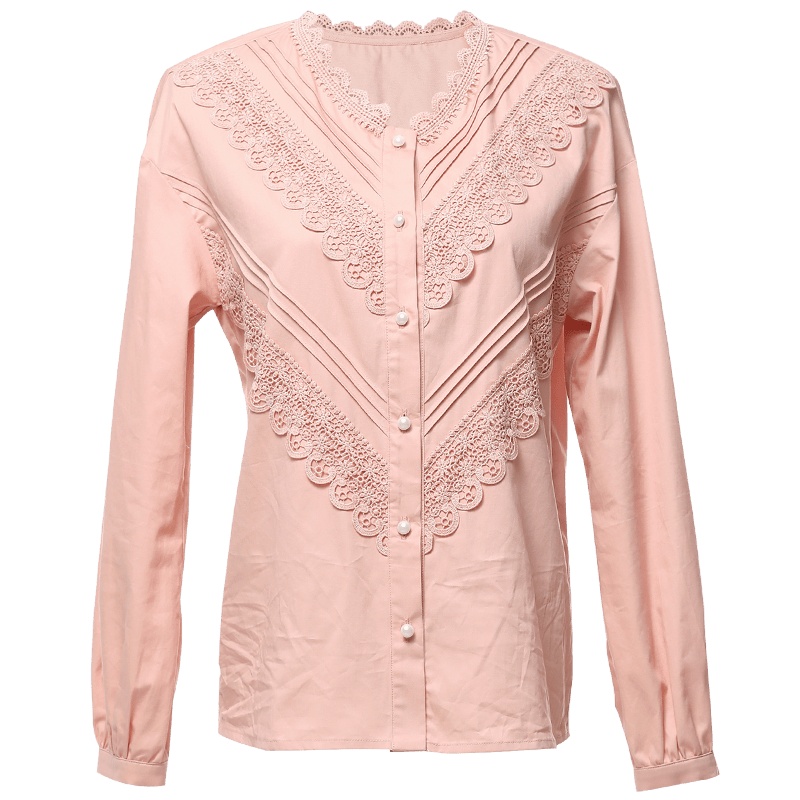 欧昵雪秋季V领拼接镂空花边长袖纯棉衬衫女套头小衫上衣