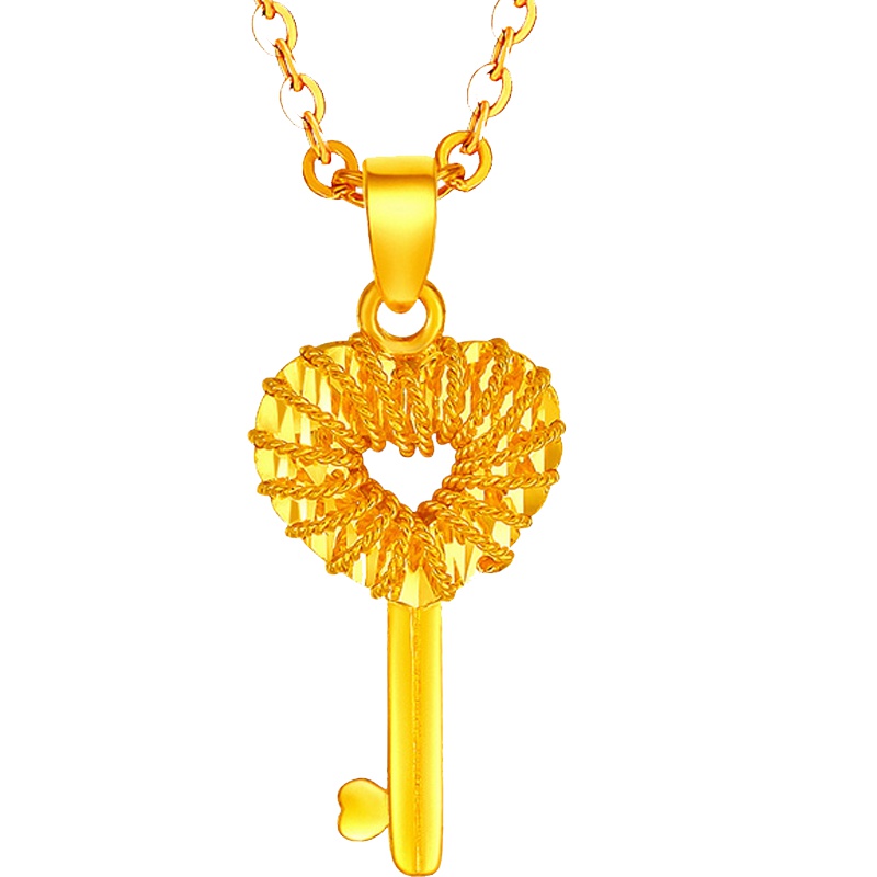 足金999拉丝工艺至爱之钥匙黄金吊坠女款颈坠 手拉手