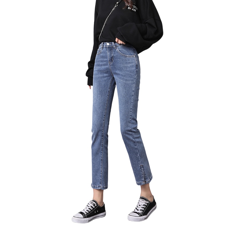 茜靓CHYLLIRN2021春季新款牛仔裤女黑色高腰直筒显瘦百搭九分烟管裤