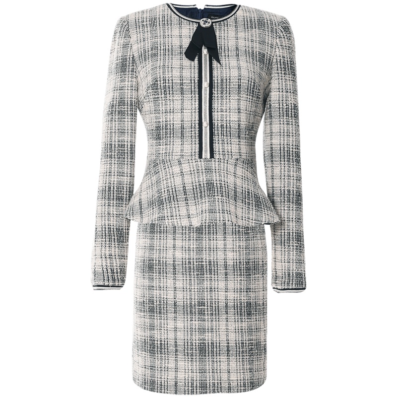 欧昵雪复古圆领针织格子上衣套装女包臀半身裙两件套