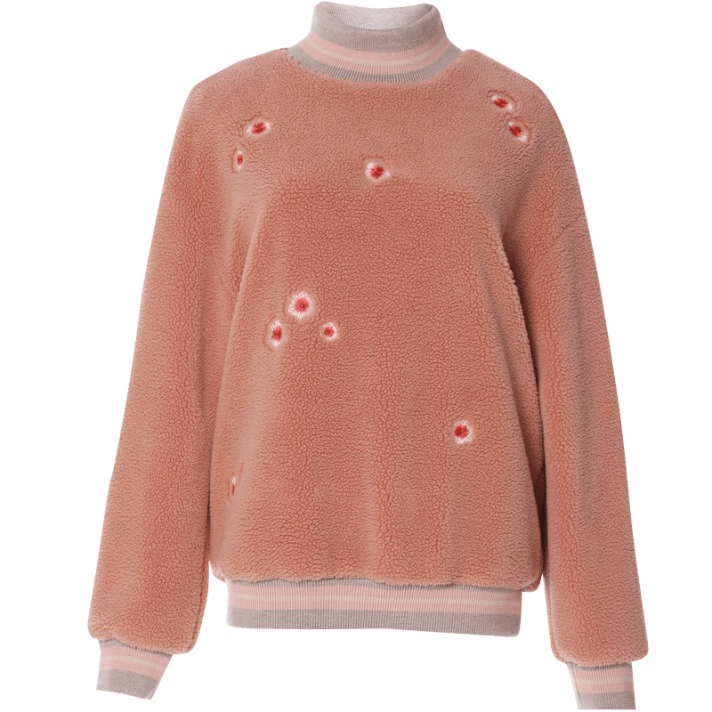 欧昵雪秋冬半高领套头绣花宽松显瘦毛绒绒卫衣女长袖上衣