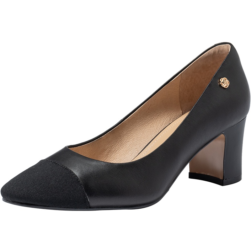 百田森秋季新款小香风单鞋女粗跟真皮拼色法式高跟鞋