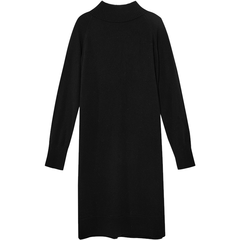 三彩2020冬季新款高领长袖宽松连衣裙羊毛针织裙小黑裙女