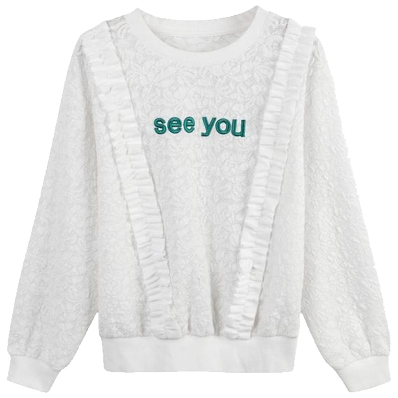 【热卖】白色圆领套头卫衣女春装2018新款韩版ulzzang荷叶边长袖蕾丝上衣20011750