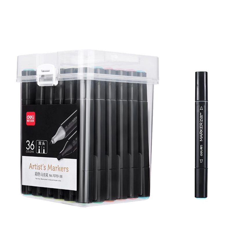 得力马克笔36色双头水彩笔方杆笔手绘设计套装学生用绘画涂鸦绘画勾线笔黑色细头70701-36
