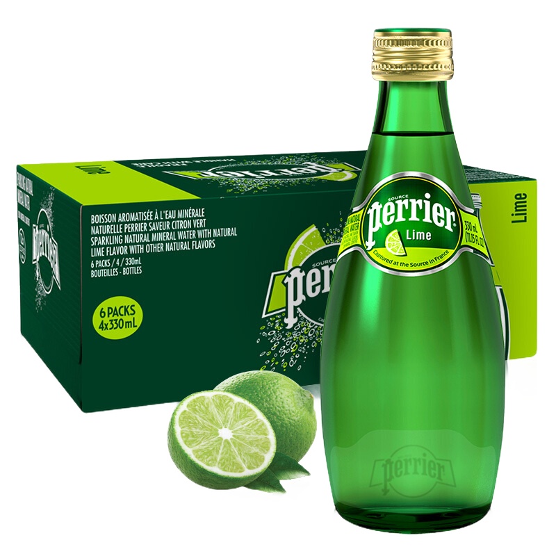 巴黎水(Perrier)青柠味330ml*24玻璃瓶含气天然矿泉水 法国进口气泡水