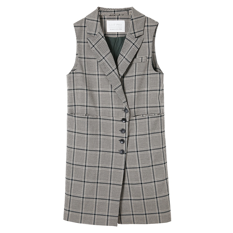 云上生活春秋装简约文艺中长款格子百搭女式马夹