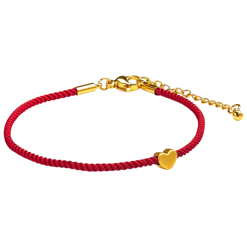 梦克拉 3d硬金心形足金黄金手链 小心意手链 本命年红绳长度可调节