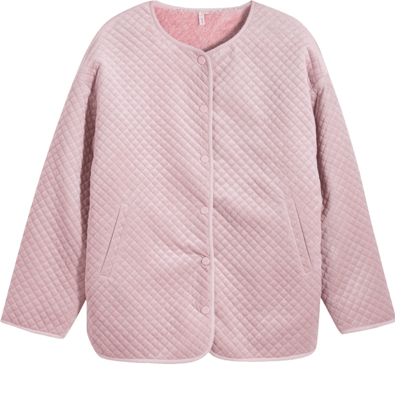 茵曼2019秋装新款圆领菱格粉色加绒外套女宽松落肩袖保暖上衣短款