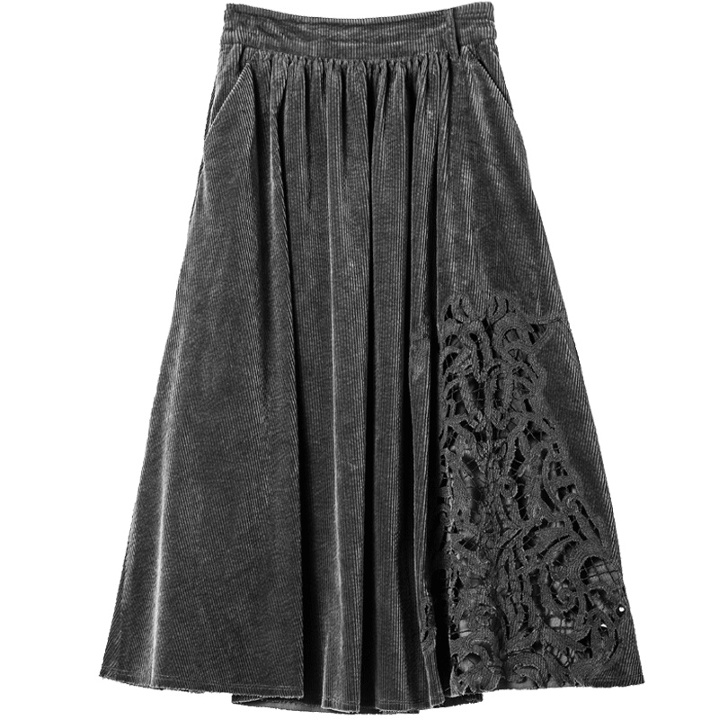 sdeer圣迪奥2018秋装复古肌理镂空绣花灯芯绒长裙半身裙