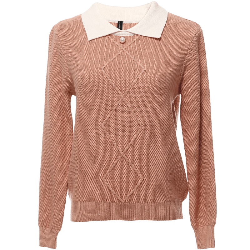 欧昵雪钉珠撞色拼接Polo领套头毛衣女长袖菱形针织衫