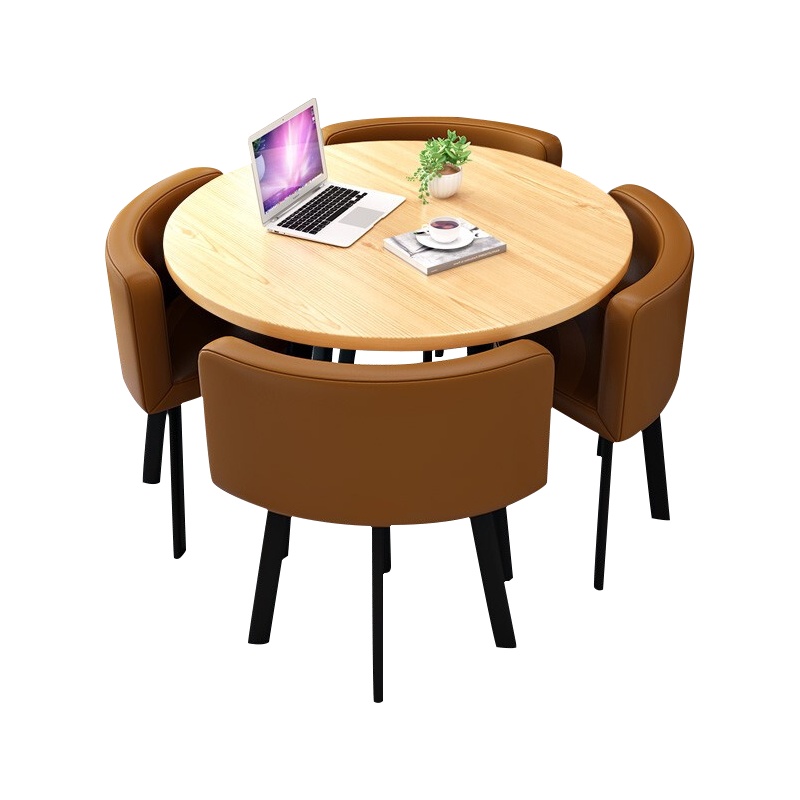 尔迈 洽谈桌椅组合小圆桌休闲桌椅店铺接待桌椅 一桌四椅+咖啡色(皮椅)胡桃色圆桌