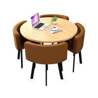 尔迈 洽谈桌椅组合小圆桌休闲桌椅店铺接待桌椅 一桌四椅+咖啡色(皮椅)胡桃色圆桌