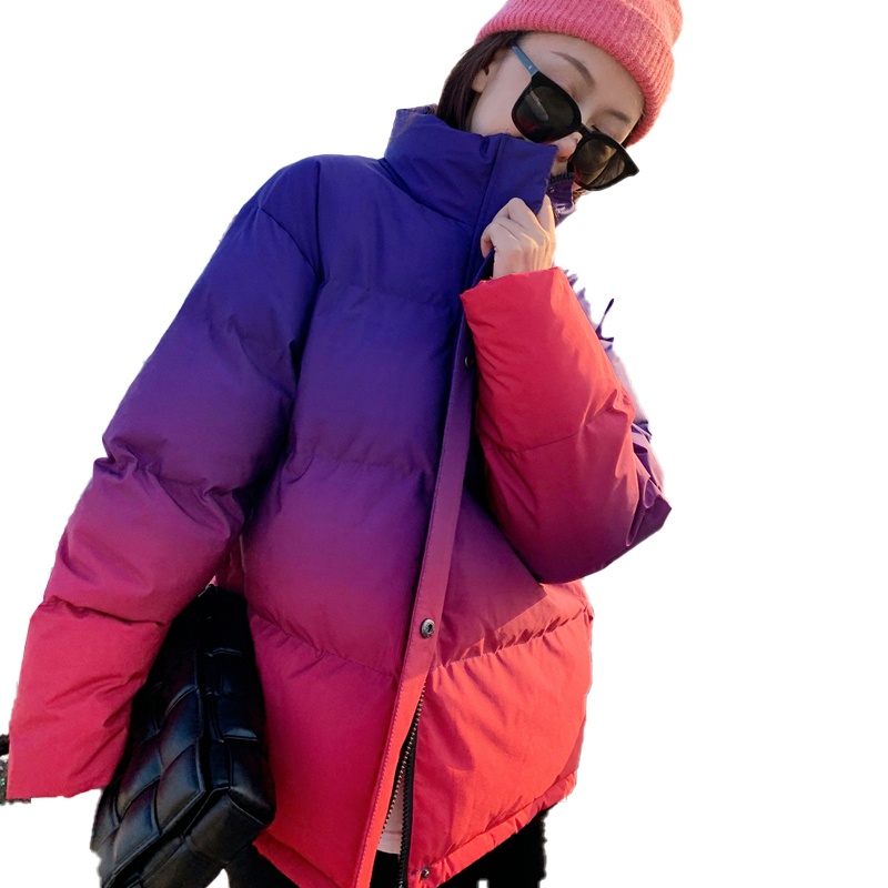 拉夏贝尔冬季女装外套棉衣潮流棉袄网红渐变色扎染手塞棉服面包服加厚