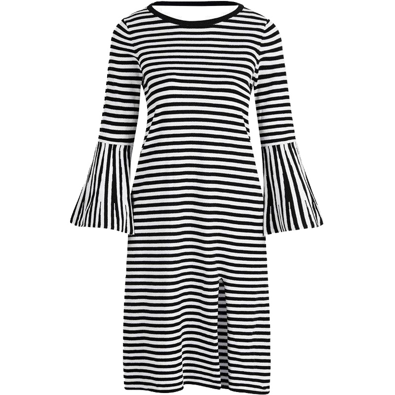 7M莫丽菲尔秋季新款韩版时尚直筒荷叶袖条纹针织连衣裙女70007558