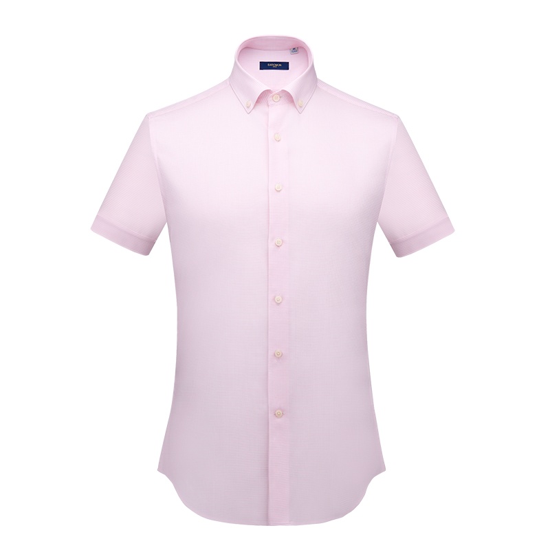 培羅蒙(Baromon)短袖衬衫男夏季新品男士修身粉色格子衬衣19027