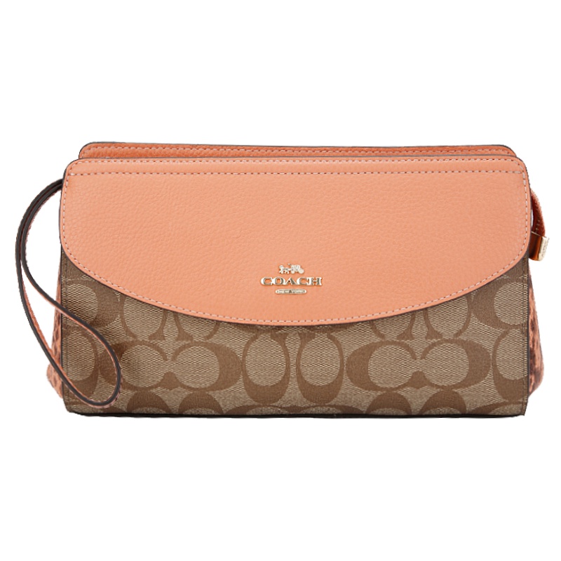 COACH 蔻驰 奢侈品 女士卡其拼色人造革配皮手拿包手腕包