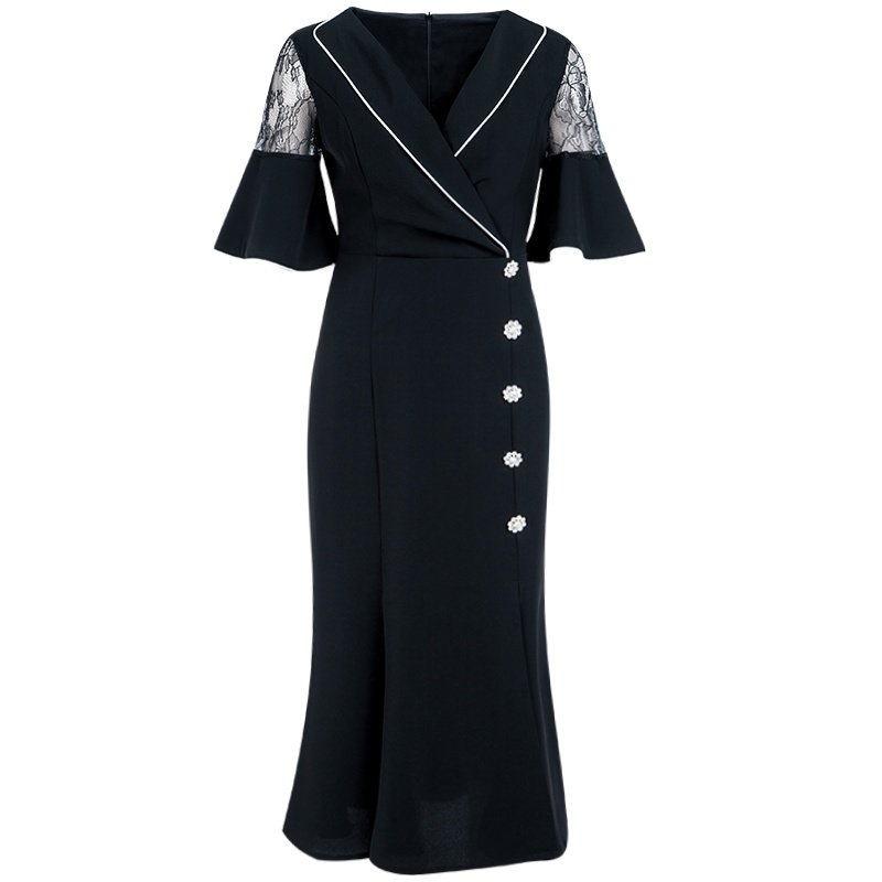 晚白新品蕾丝喇叭袖收腰显瘦中长款包臀裙短袖连衣裙女