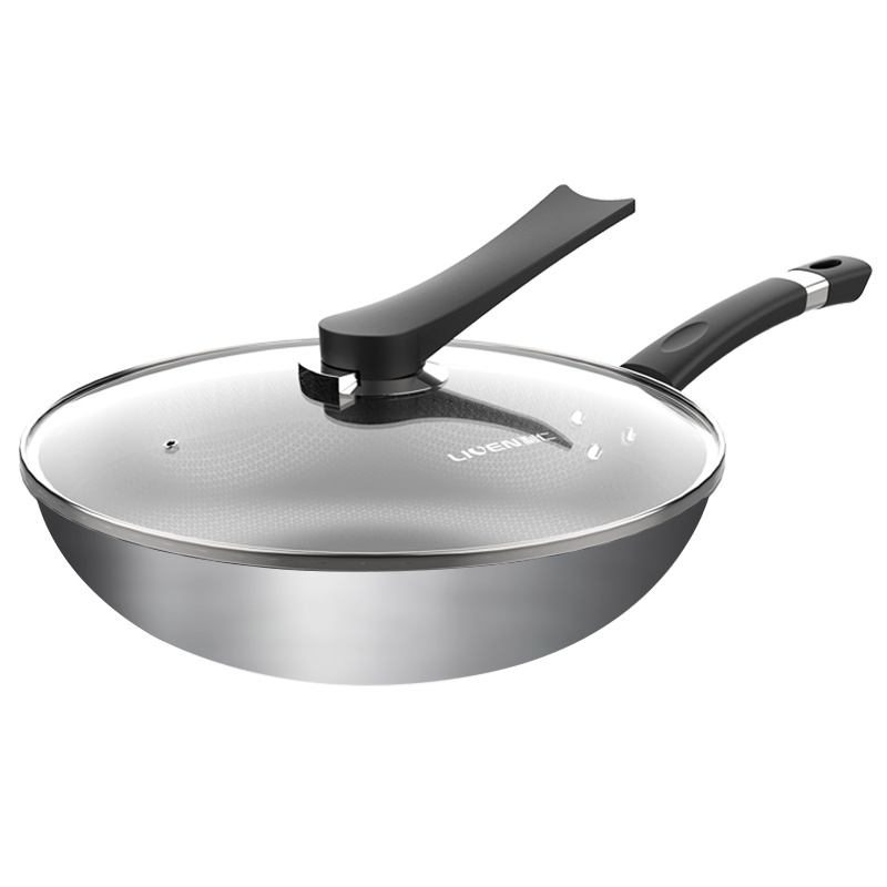 利仁(Liven)32cm不锈钢304食品级炒锅平底锅煎锅 微凸蜂窝晶纹 煤气燃气电磁炉通用铁锅[带盖]BX-C3218