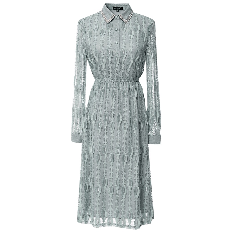 欧昵雪秋冬衬衫领长袖松紧收腰显瘦镂空蕾丝连衣裙女长袖