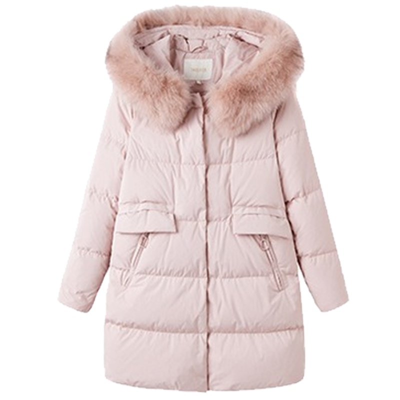 拉夏贝尔羽绒服女2019冬季韩版新款中长款修身时尚粉色大毛领加厚面包服70010857