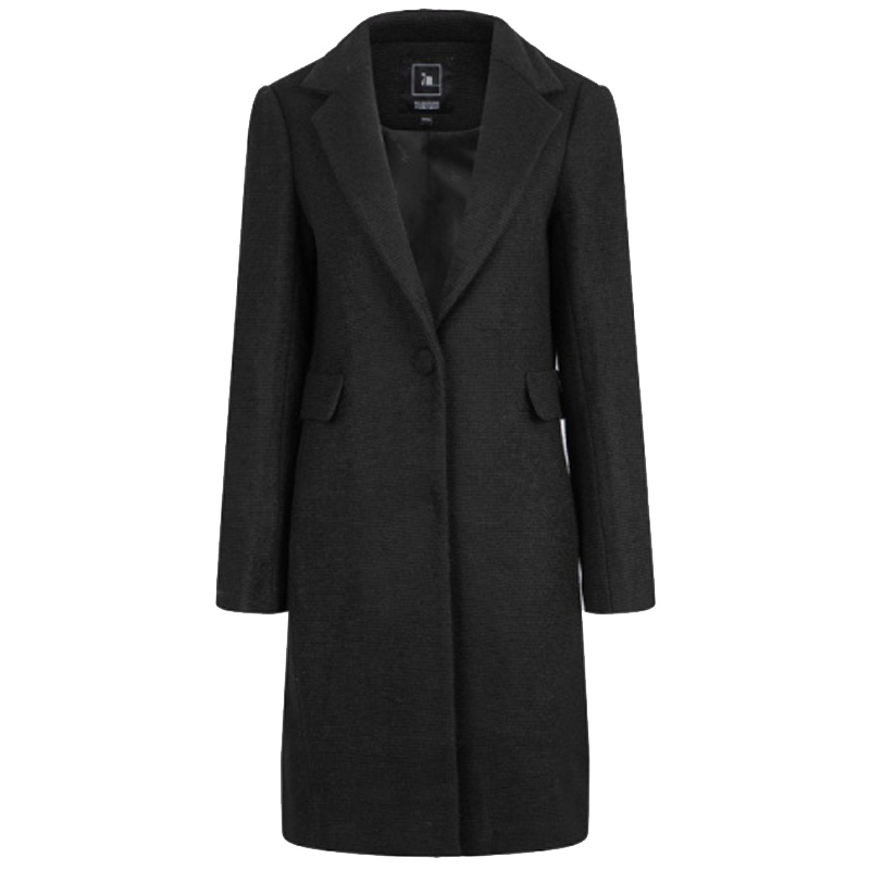 【福利款】拉夏贝尔黑色一粒扣中长款毛呢大衣