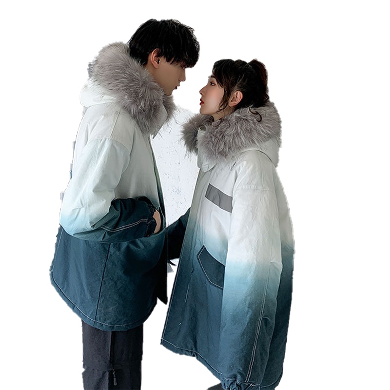 拉夏贝尔秋冬新款羽绒服情侣装渐变派克服ins宽松加厚内里绒毛外套女