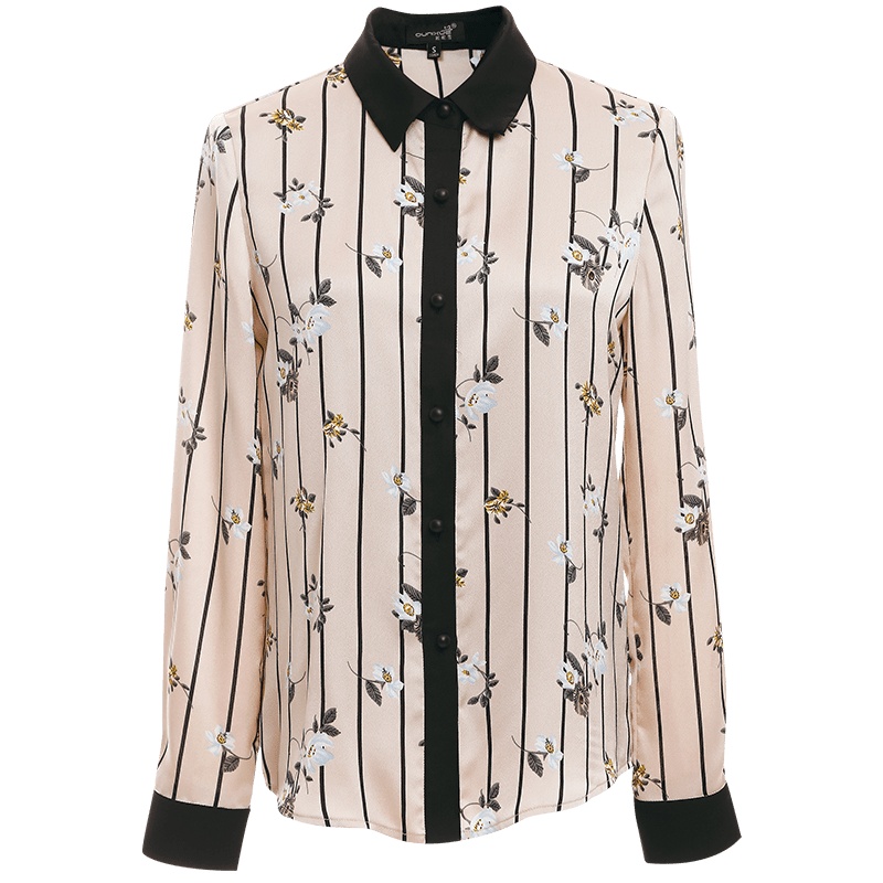 欧昵雪碎花条纹衬衫女上衣长袖OL气质撞色翻领衬衣