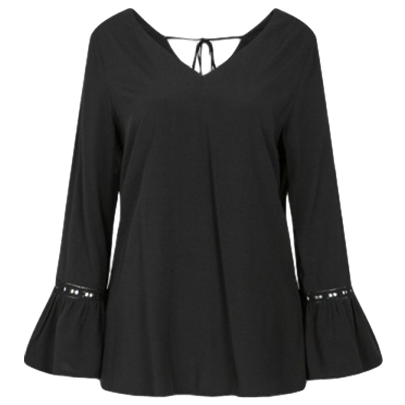 【福利款】拉夏贝尔韩版V领甜美荷叶边 显瘦长袖雪纺衫