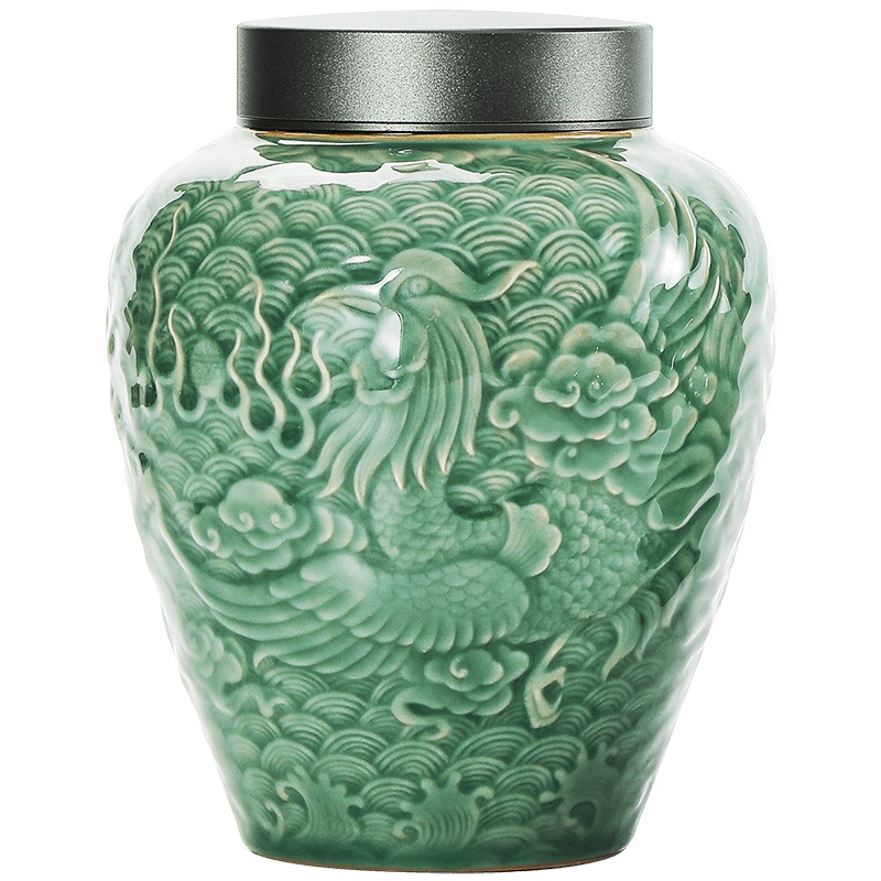 領藝 优选青瓷浮雕茶叶罐双层锡盖密封罐手工复古茶罐茶仓储物罐茶道配件 青瓷浮雕龙凤茶叶罐