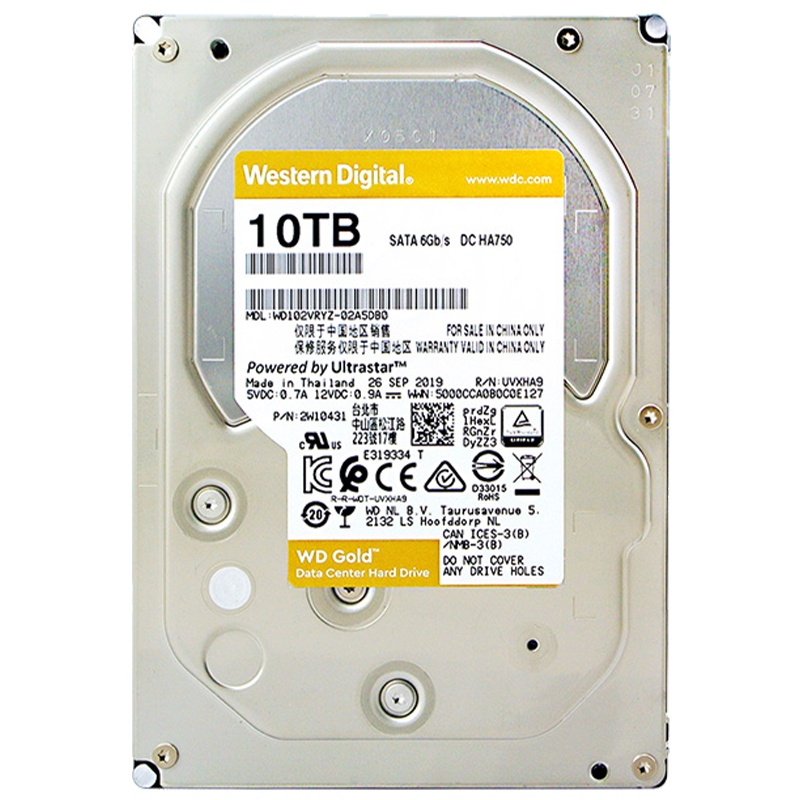 西部数据(WD) 金盘 10TB 7200转128M SATA6Gb/s 企业级硬盘(WD102VRYZ)