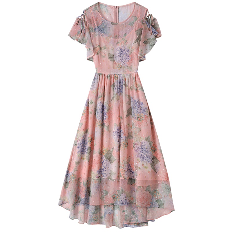 马克华菲女装2019夏季新款圆领短袖中长款不规则连衣裙