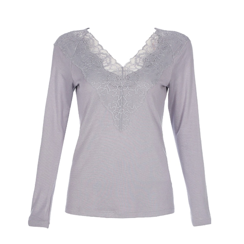 古今性感低V领插肩绣花边中厚保暖上衣时尚修身打底秋衣女 3D169