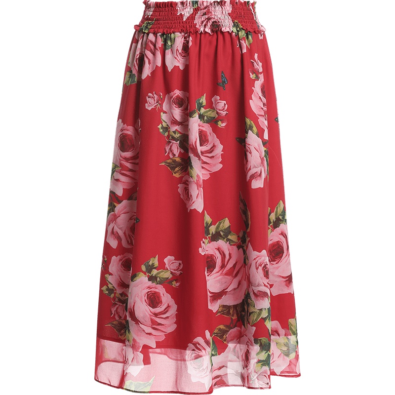 欧昵雪 夏褶皱松紧腰红色花卉印花高腰中长款A字半身裙女X