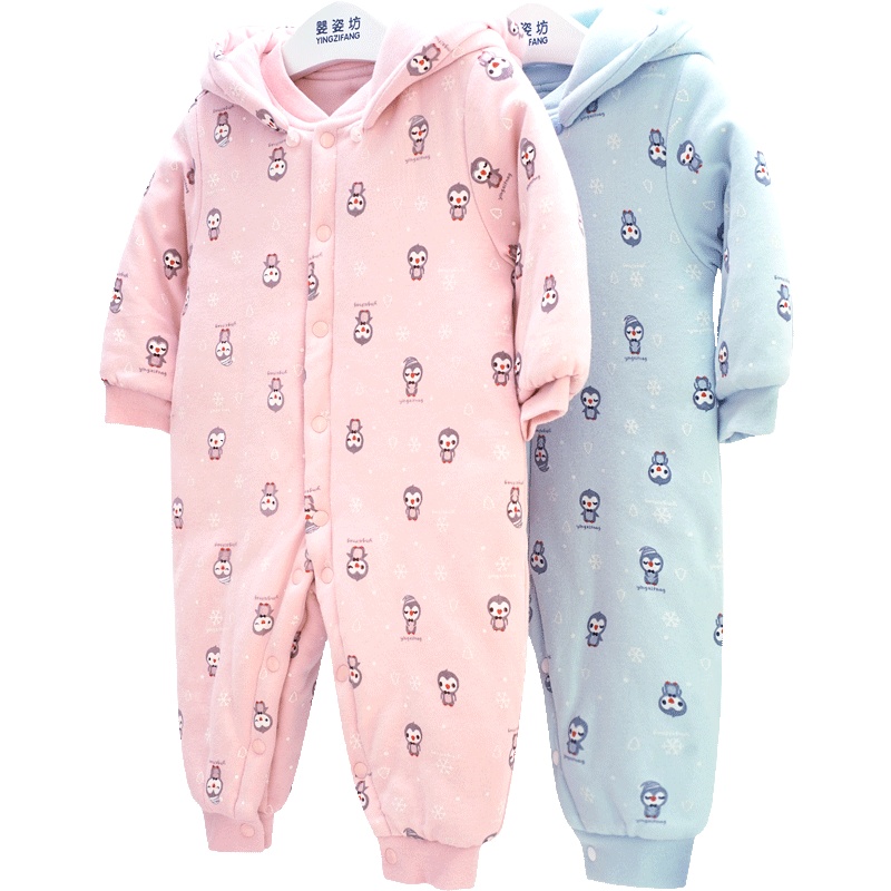 婴姿坊冬季宝宝加厚按扣连体衣男女童婴幼连帽可拆夹棉哈衣爬爬服 2色可选 59-80cm 0-12个月