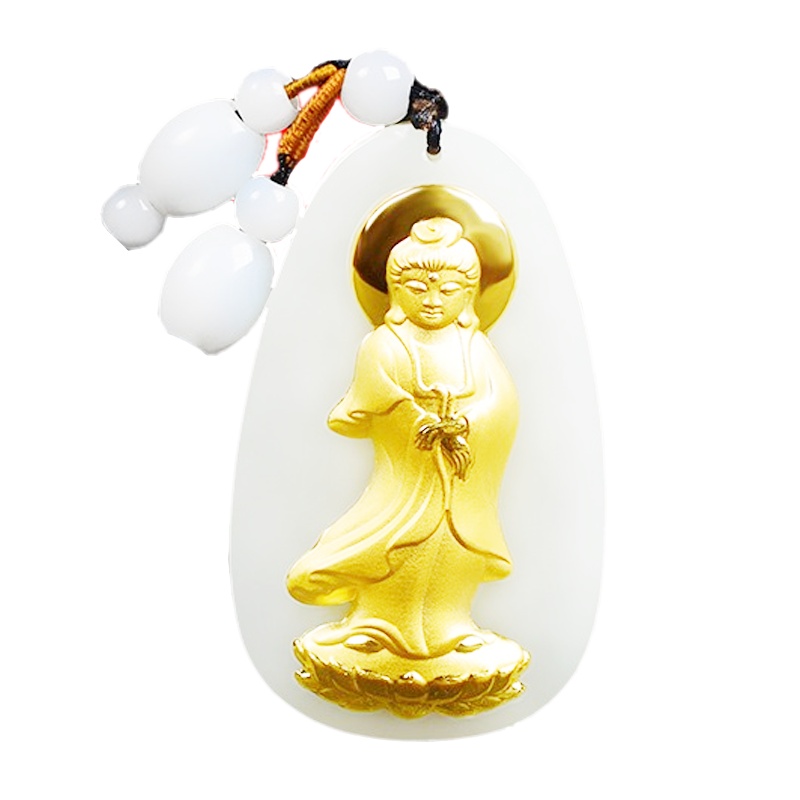 臻玉盈金镶玉吊坠和田玉观音吊坠弥勒佛笑佛玉佩金项链男士女款挂件 金镶玉观音 笑佛-大中小款-带鉴定证书