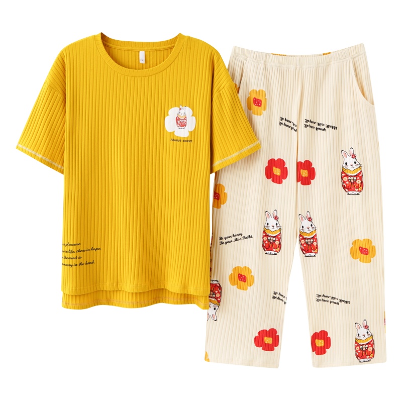 浪莎夏季家居服女款纯棉可爱宽松款短袖七分裤睡衣女清凉夏季套装