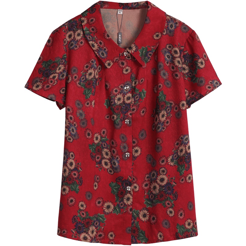 恒源祥复古印花上衣女短袖妈妈装夏季衬衫中老年奶奶衬衣母亲节