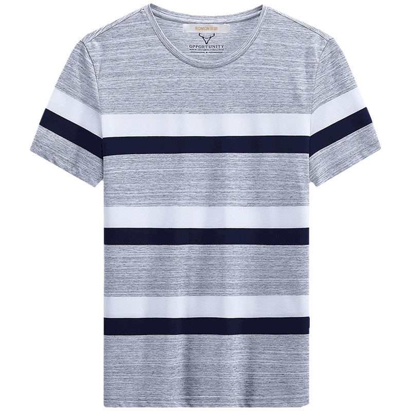 Romon/罗蒙短袖T恤衫男士圆领时尚休闲条纹t恤夏季薄款男士打底衫
